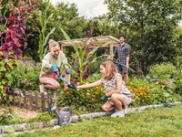 Three people gardening in a lush garden, using tools to tend to plants and flowers., miniatuur 4