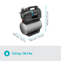 Front view of a Gardena water pump with dimensions displayed., miniatuur 2