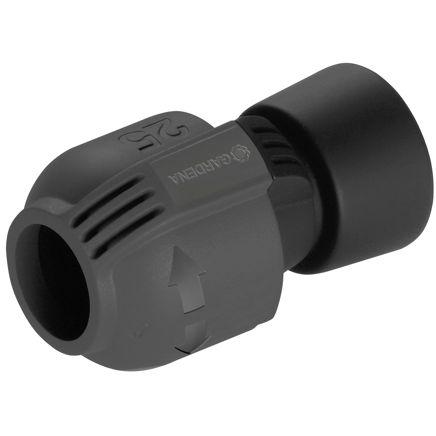 Front view of a Gardena hose connector with arrow indicators.