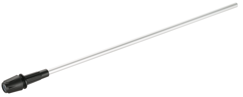 Side view of a long metallic rod with a black connector at one end., PVC Hulpstuk bij Vijvercentrum