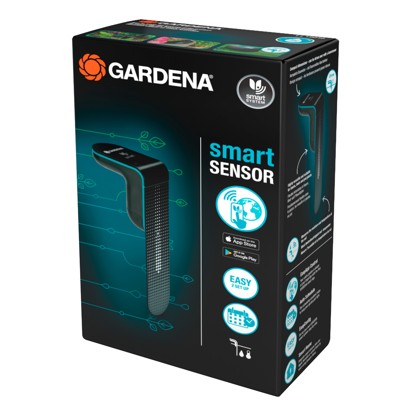 Gardena smart sensor packaging with app compatibility details.