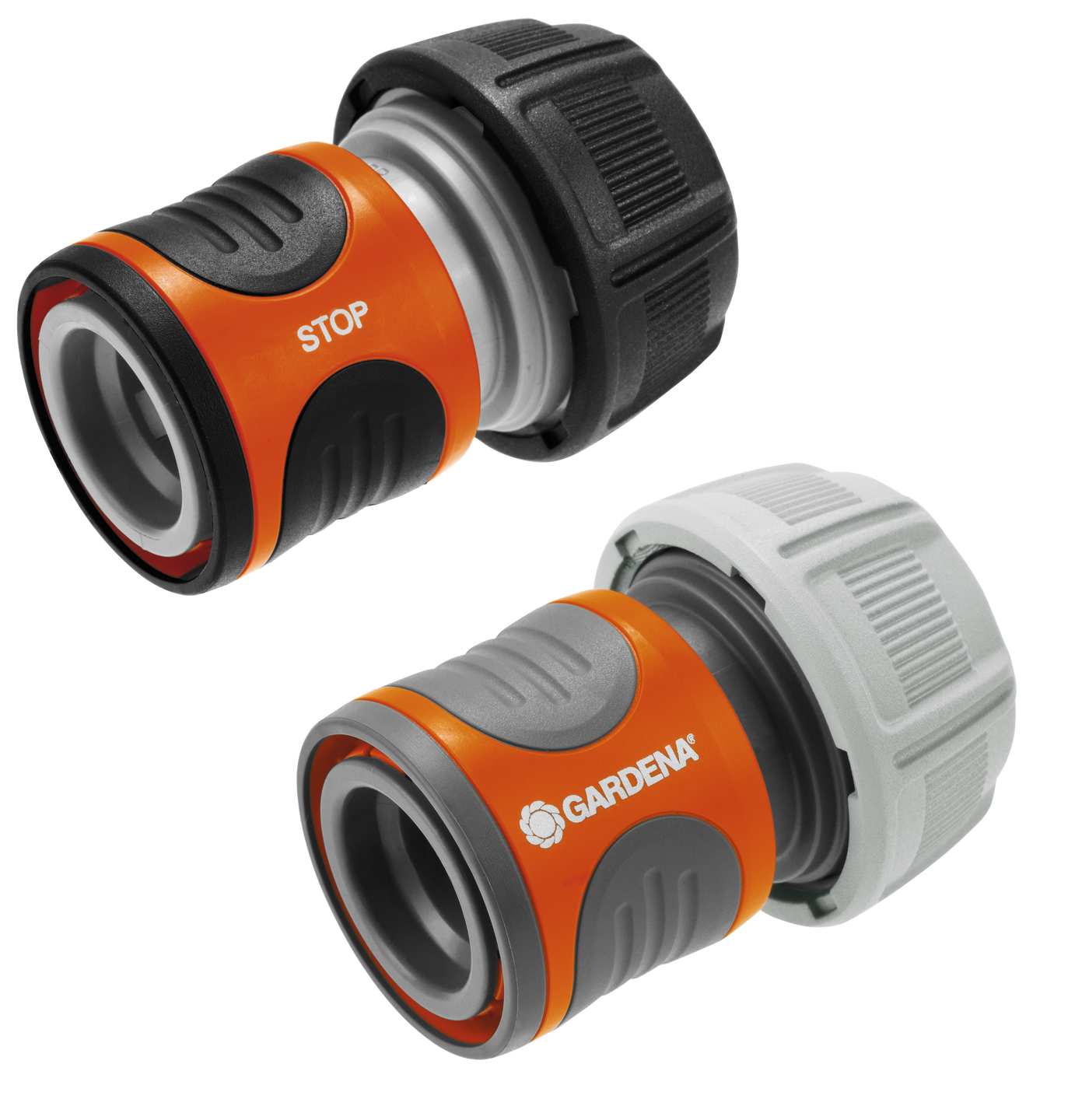 Front view of two Gardena hose connectors, one labeled 'STOP'.