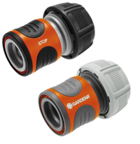 Front view of two Gardena hose connectors, one labeled 'STOP'., miniatuur 2