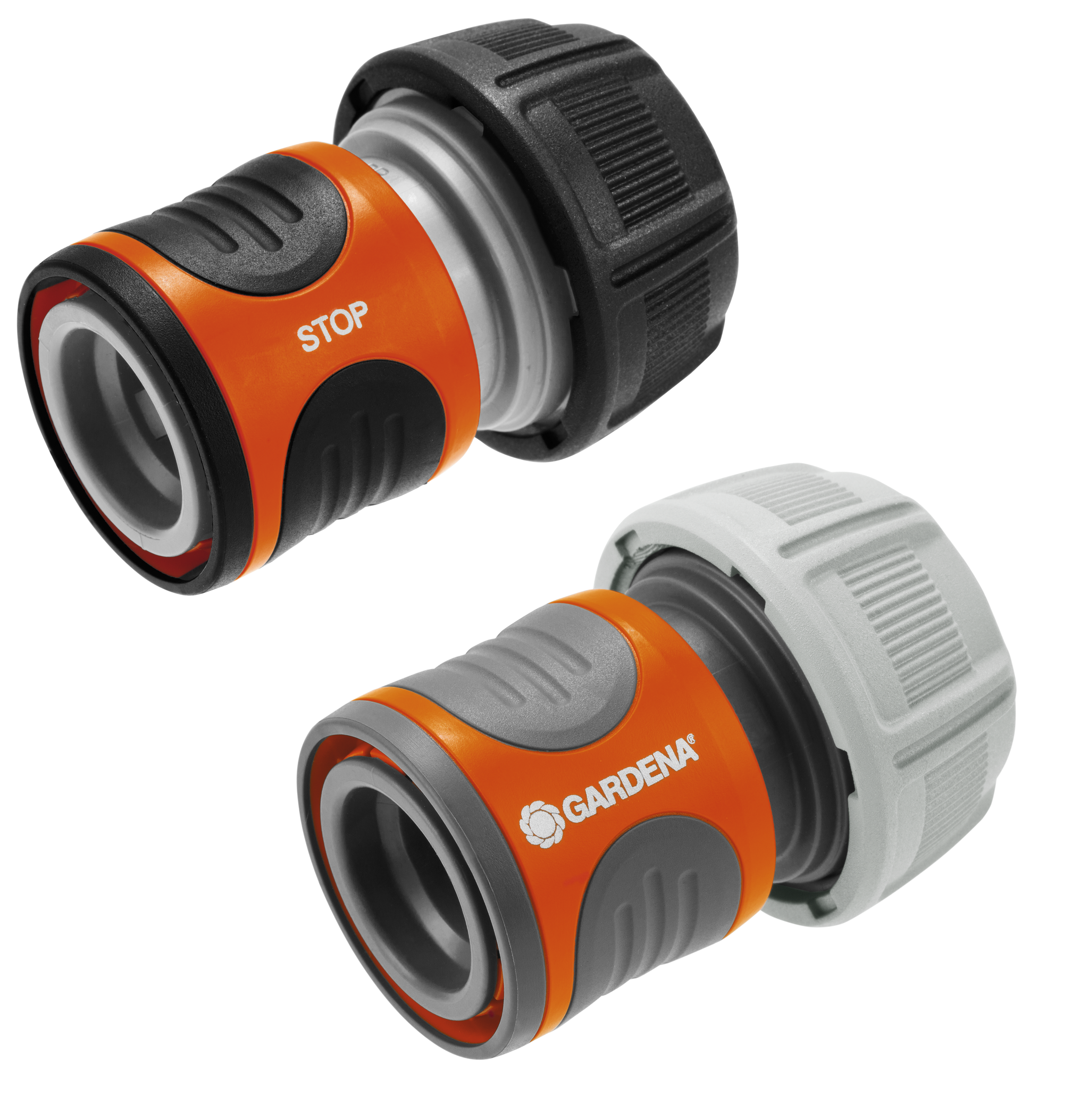 Front view of two Gardena hose connectors, one labeled 'STOP'.