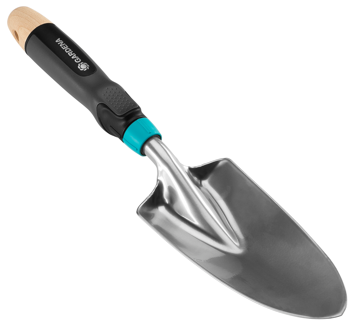 Front view of a Gardena hand trowel with ergonomic handle.