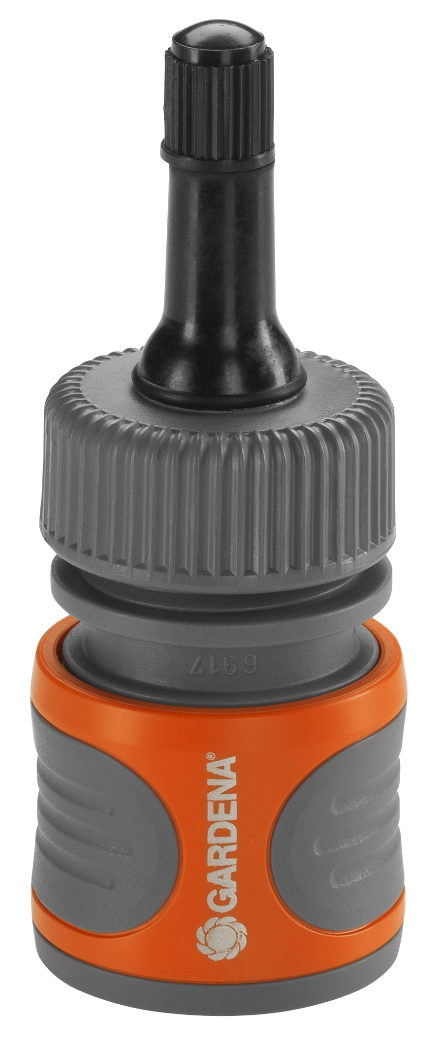 Front view of a Gardena hose connector with ergonomic grip.