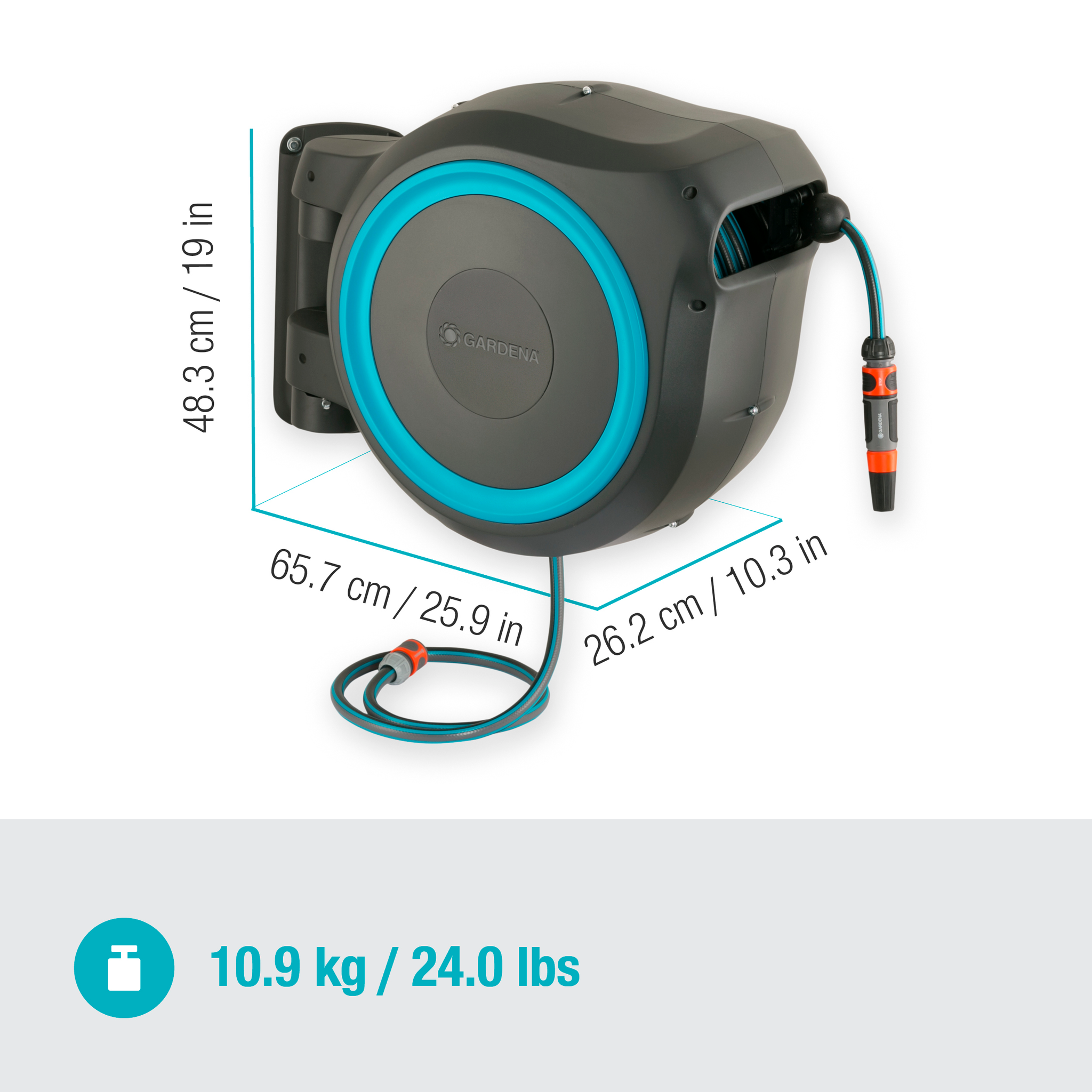Gardena wall-mounted hose reel with dimensions and weight displayed.