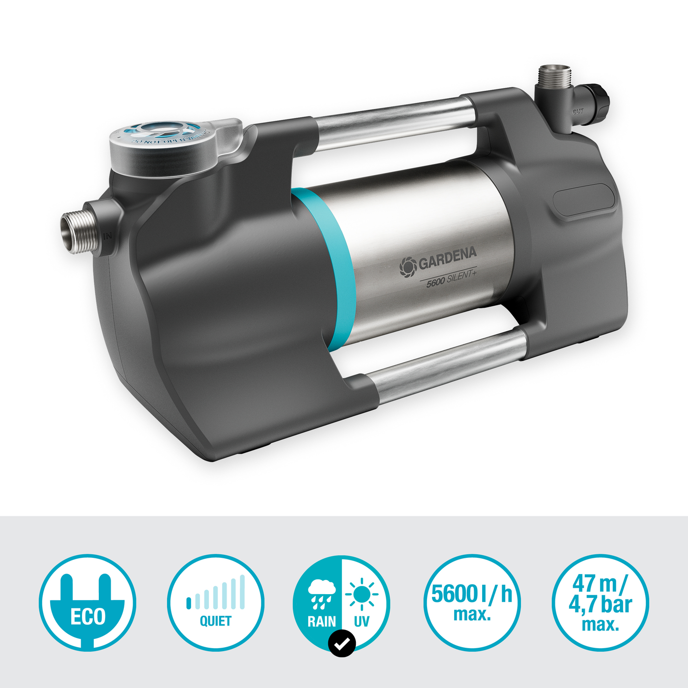 Gardena water pump with eco and quiet operation features, showcasing rain and UV resistance.