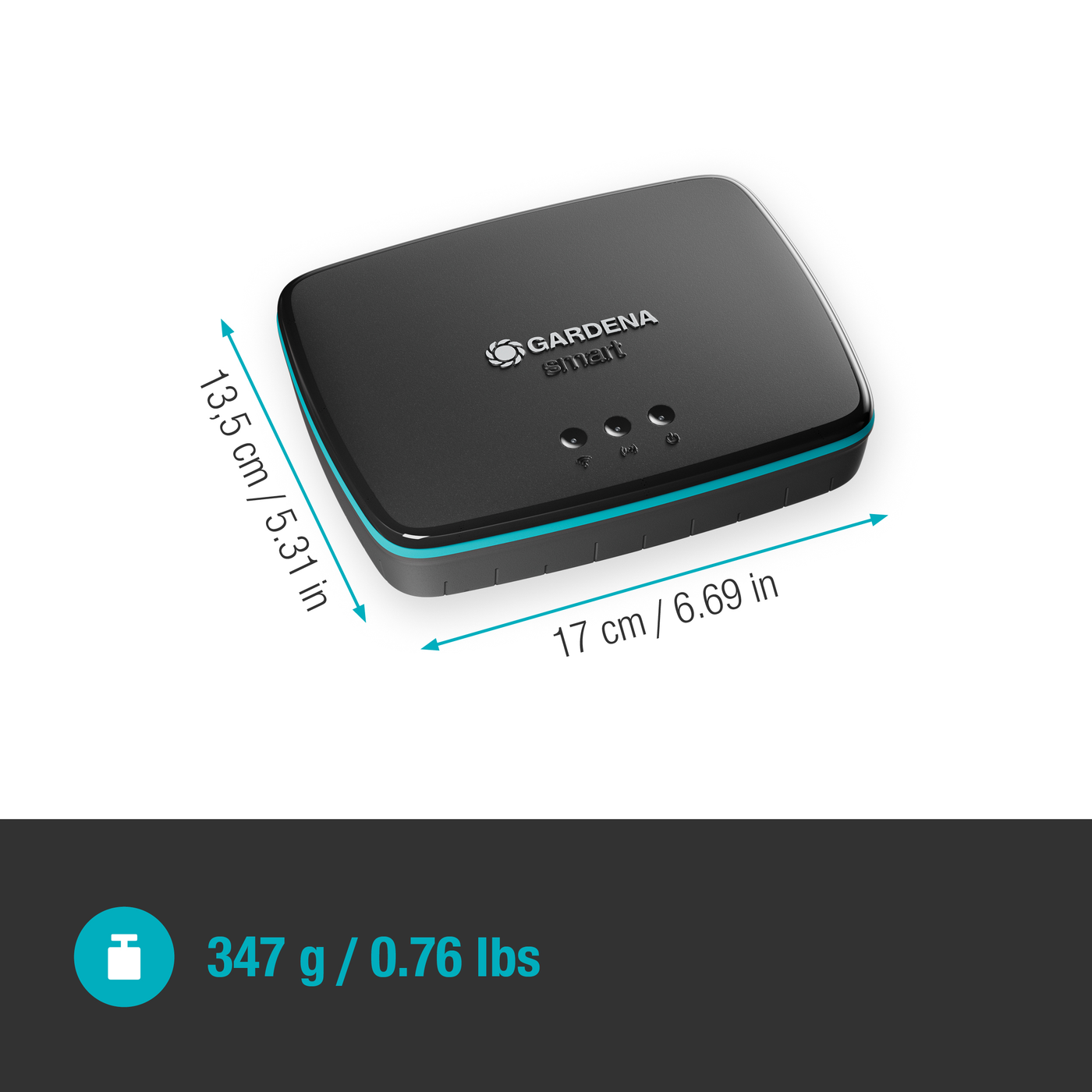 Gardena smart device with dimensions and weight displayed.