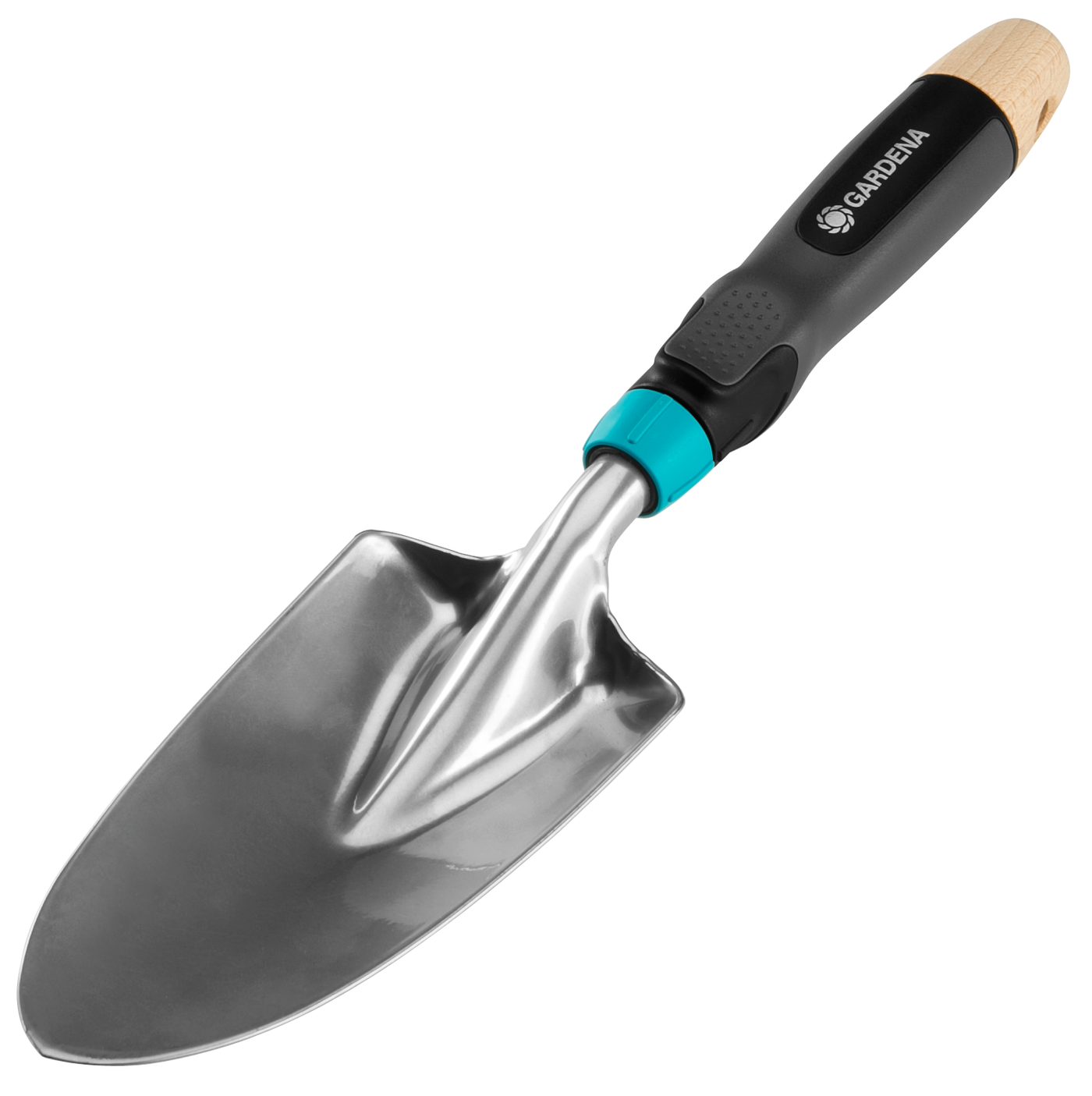 Front view of a Gardena hand trowel with a wooden handle.
