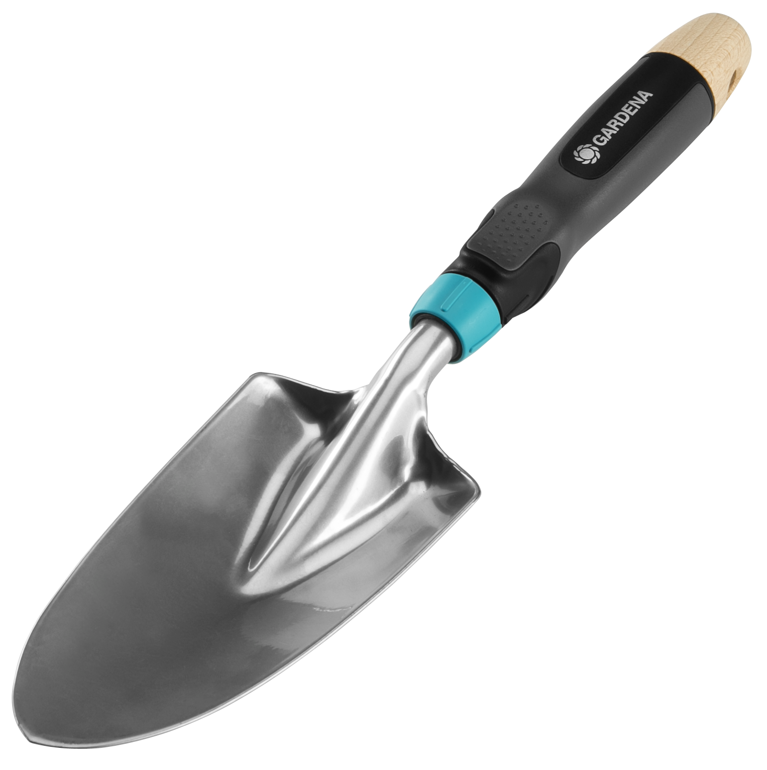 Front view of a Gardena hand trowel with a wooden handle.