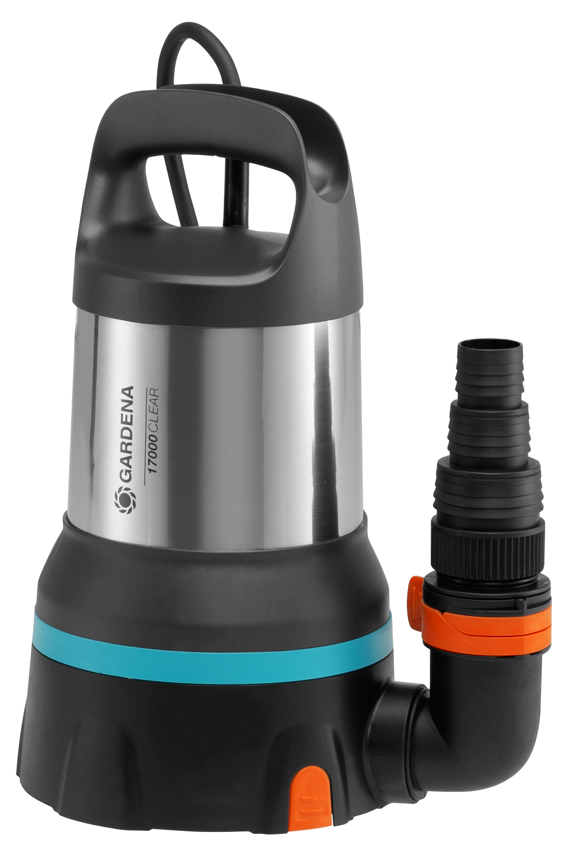 Front view of a Gardena submersible pump with handle and hose attachment.