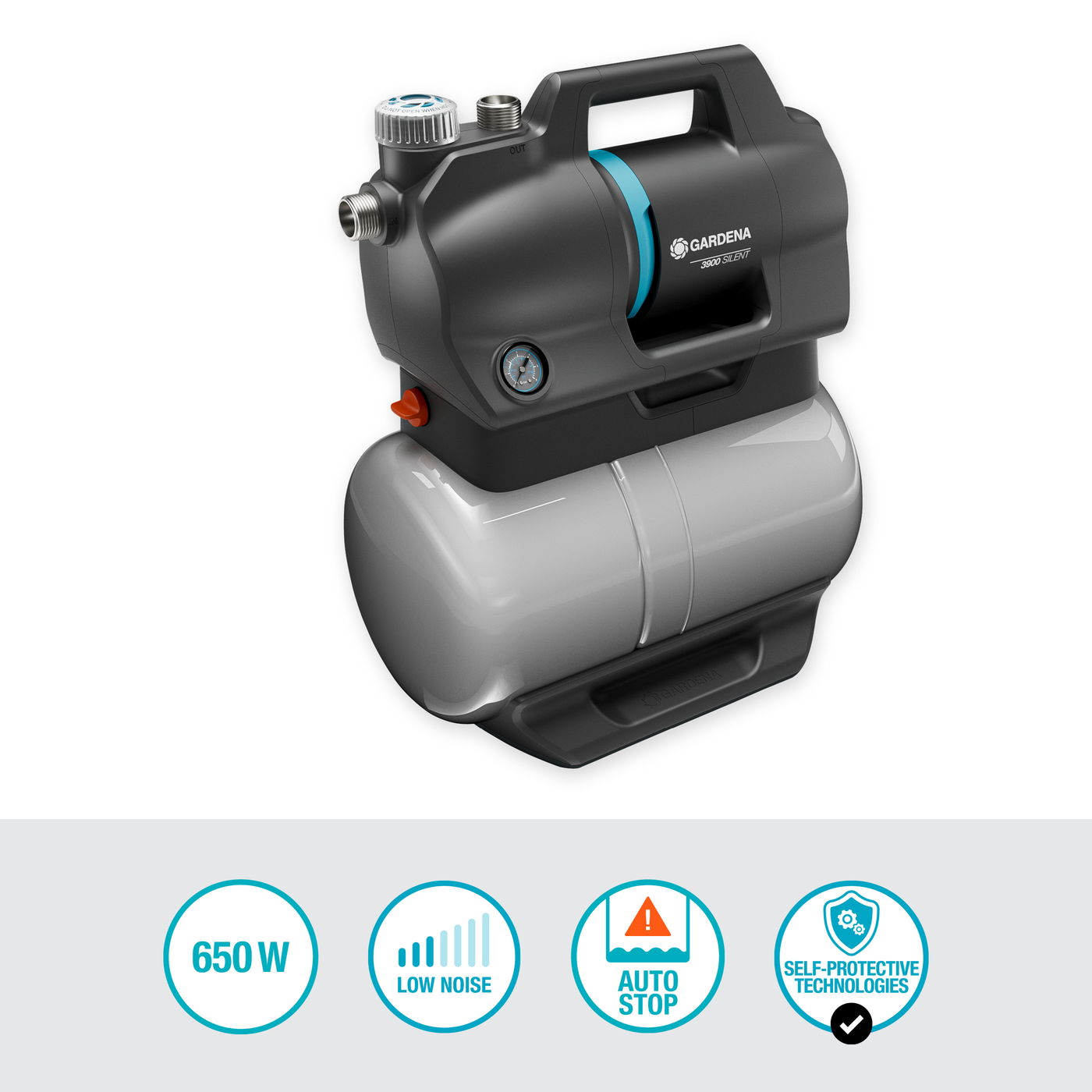 Front view of a Gardena water pump with integrated pressure tank and control panel.
