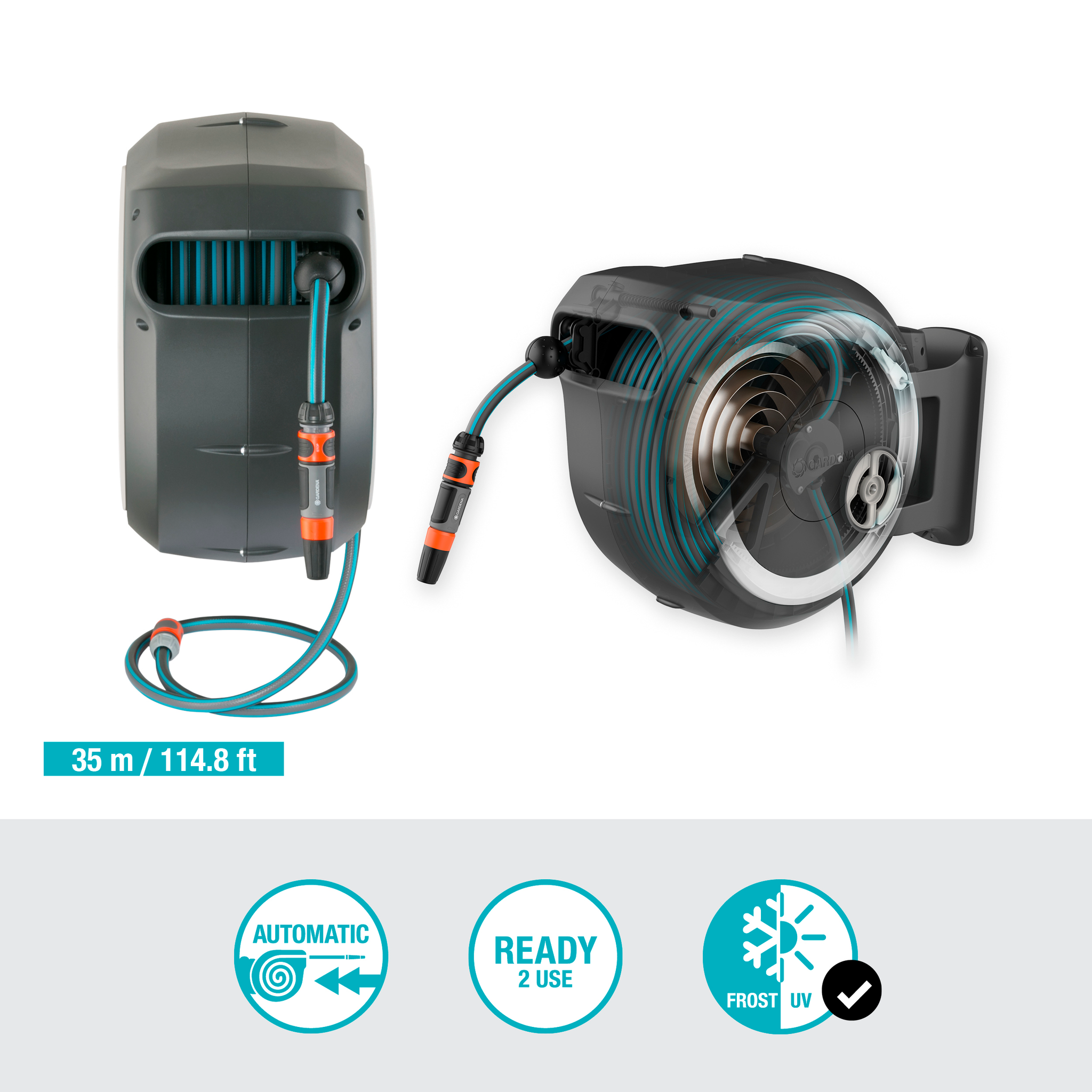 Wall-mounted garden hose reel with automatic retraction and frost protection features.