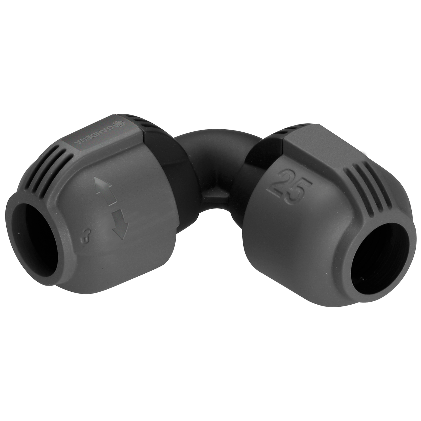 Front view of a Gardena 25mm pipe connector with arrow indicators.