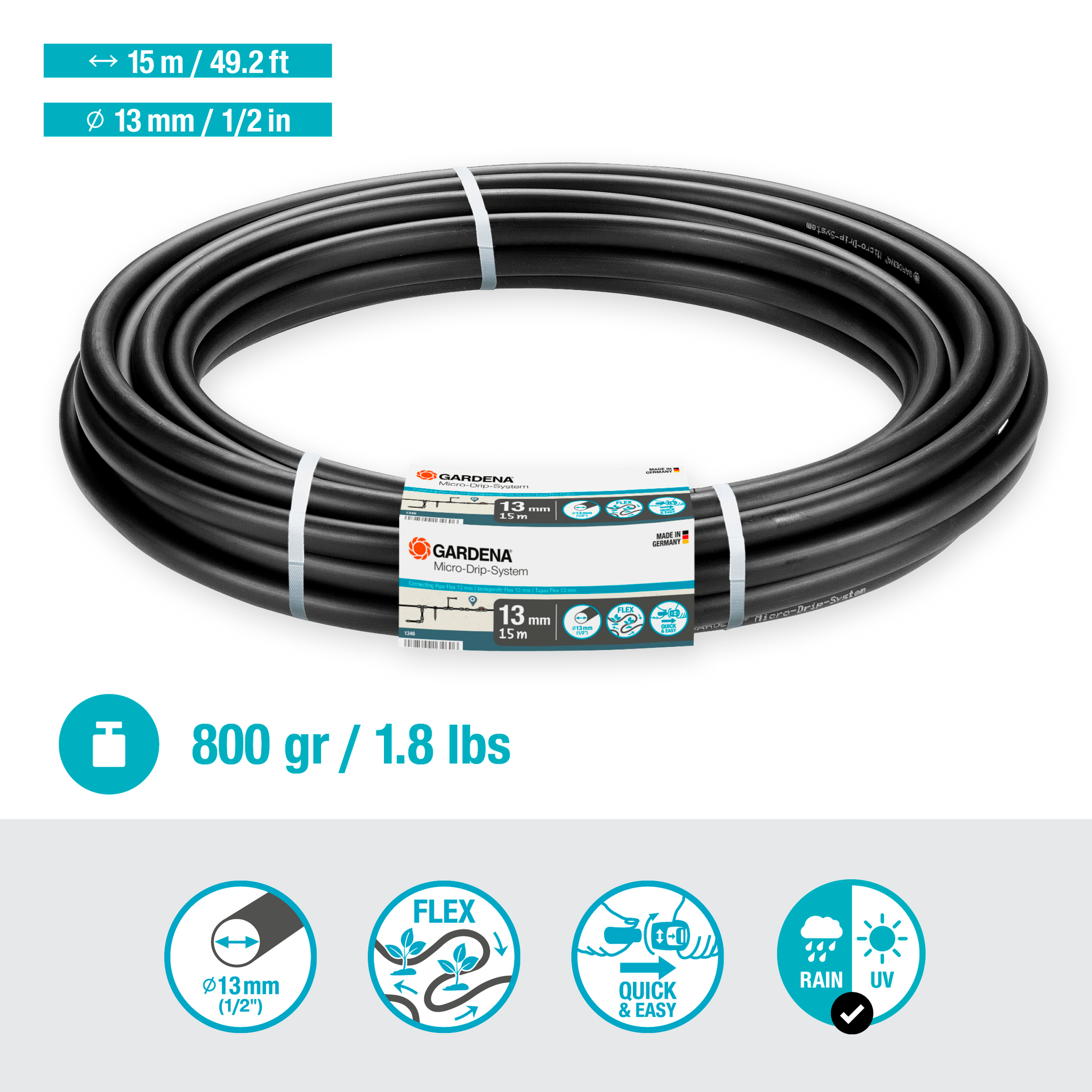 Gardena micro-drip system hose, 15m long and 13mm in diameter, shown with product specifications.