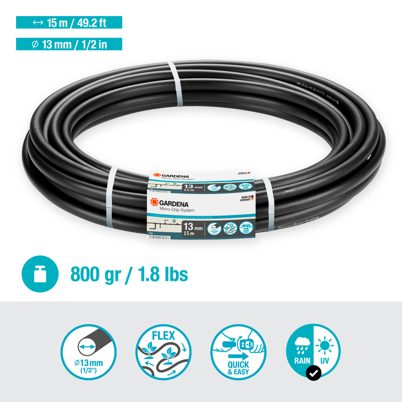 Gardena micro-drip system hose, 15m long and 13mm in diameter, shown with product specifications., Koivoer Basis bij Vijvercentrum