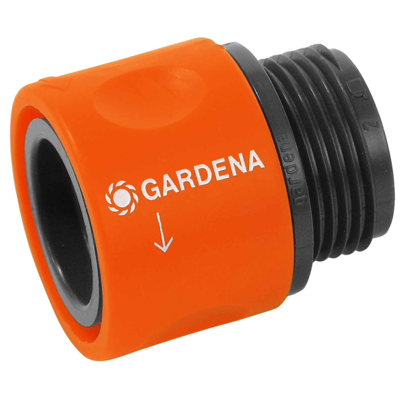 Front view of a Gardena hose connector with branding visible.