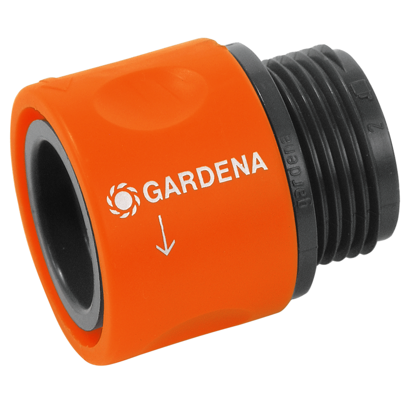 Front view of a Gardena hose connector with branding visible., Vijverslang bij Vijvercentrum