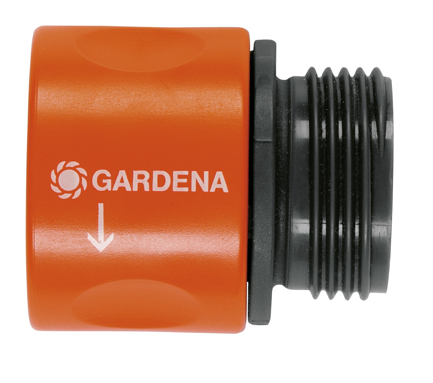 Front view of a Gardena hose connector with visible threading and Gardena branding.