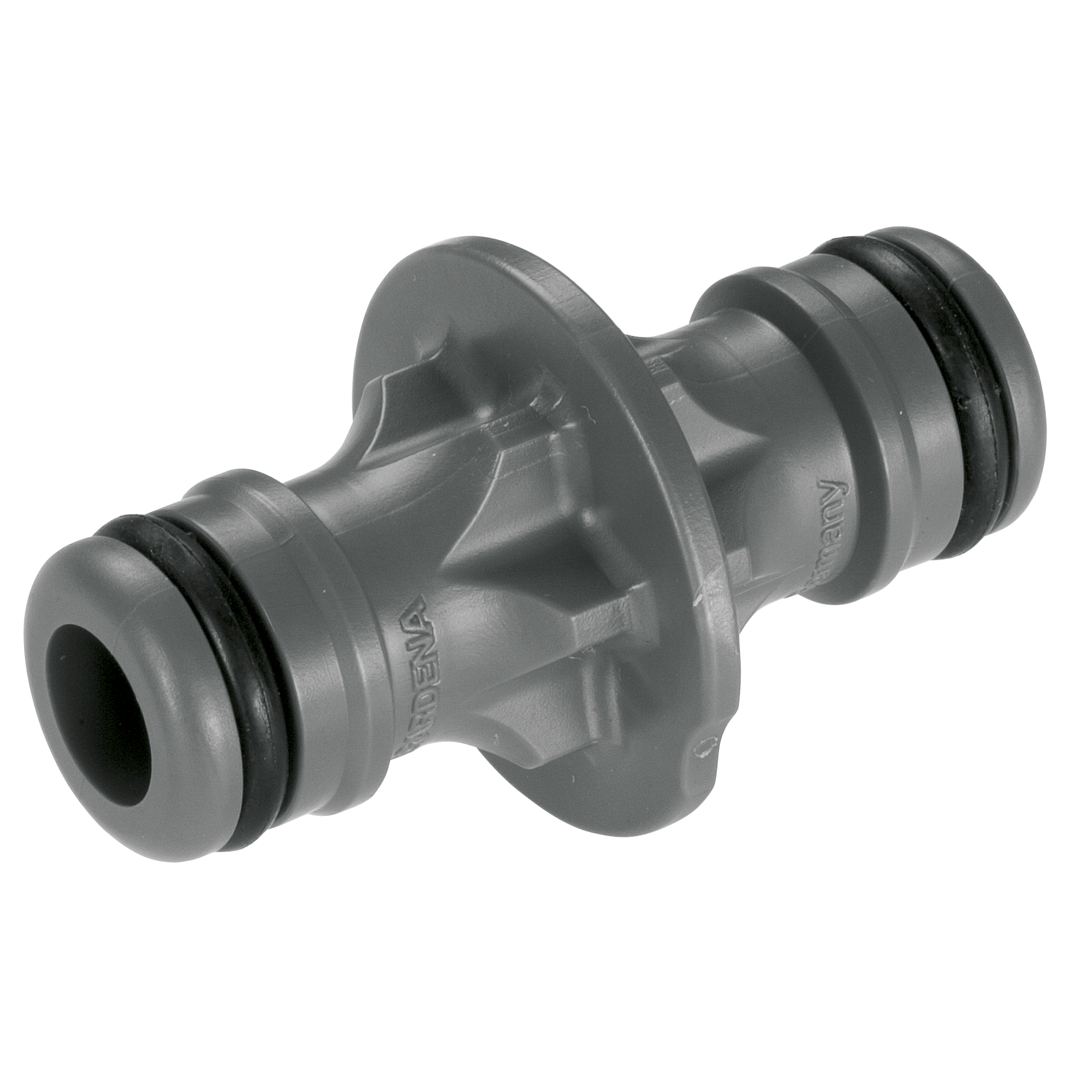 Front view of a Gardena hose connector with dual seals.