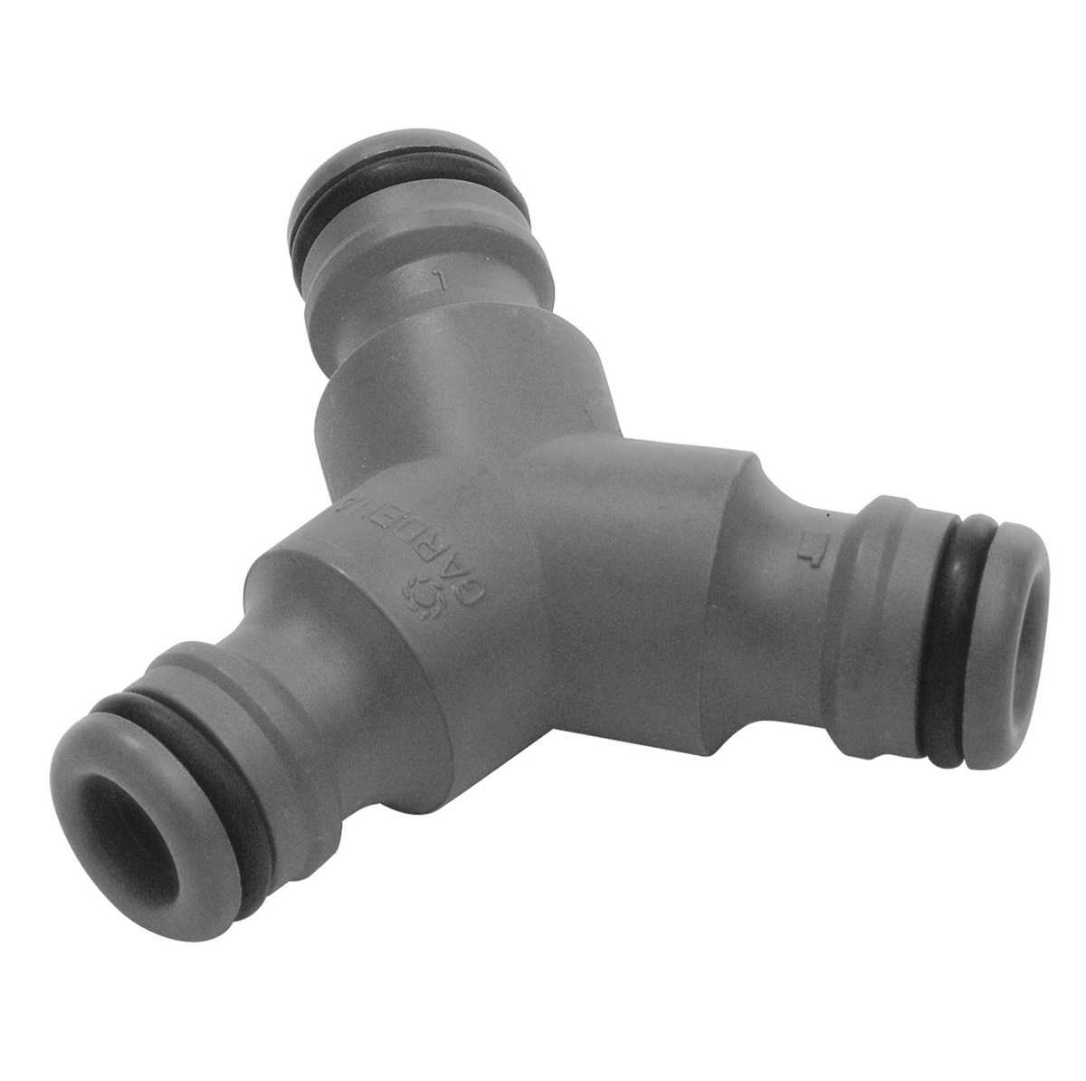 Front view of a Gardena Y-shaped hose connector with three outlets.