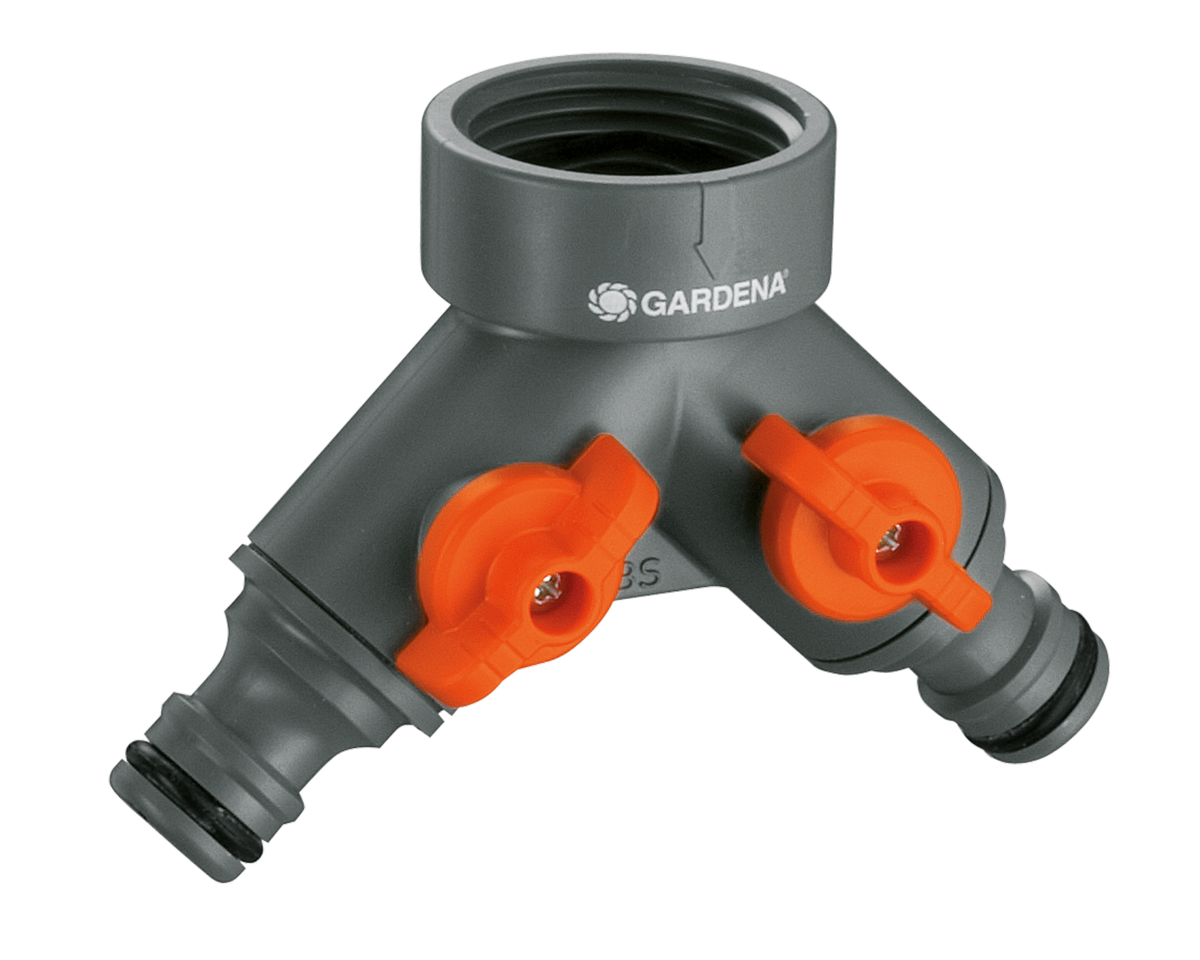 Front view of a Gardena hose connector with dual valves.