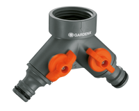 Front view of a Gardena hose connector with dual valves., miniatuur 1