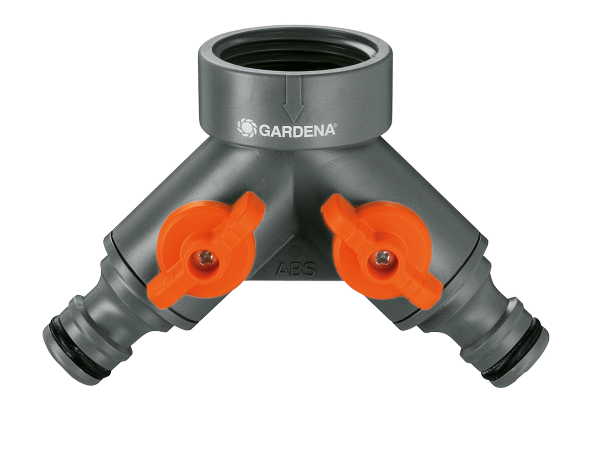 Front view of a Gardena hose connector with dual valves.