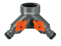 Front view of a Gardena hose connector with dual valves., miniatuur 2