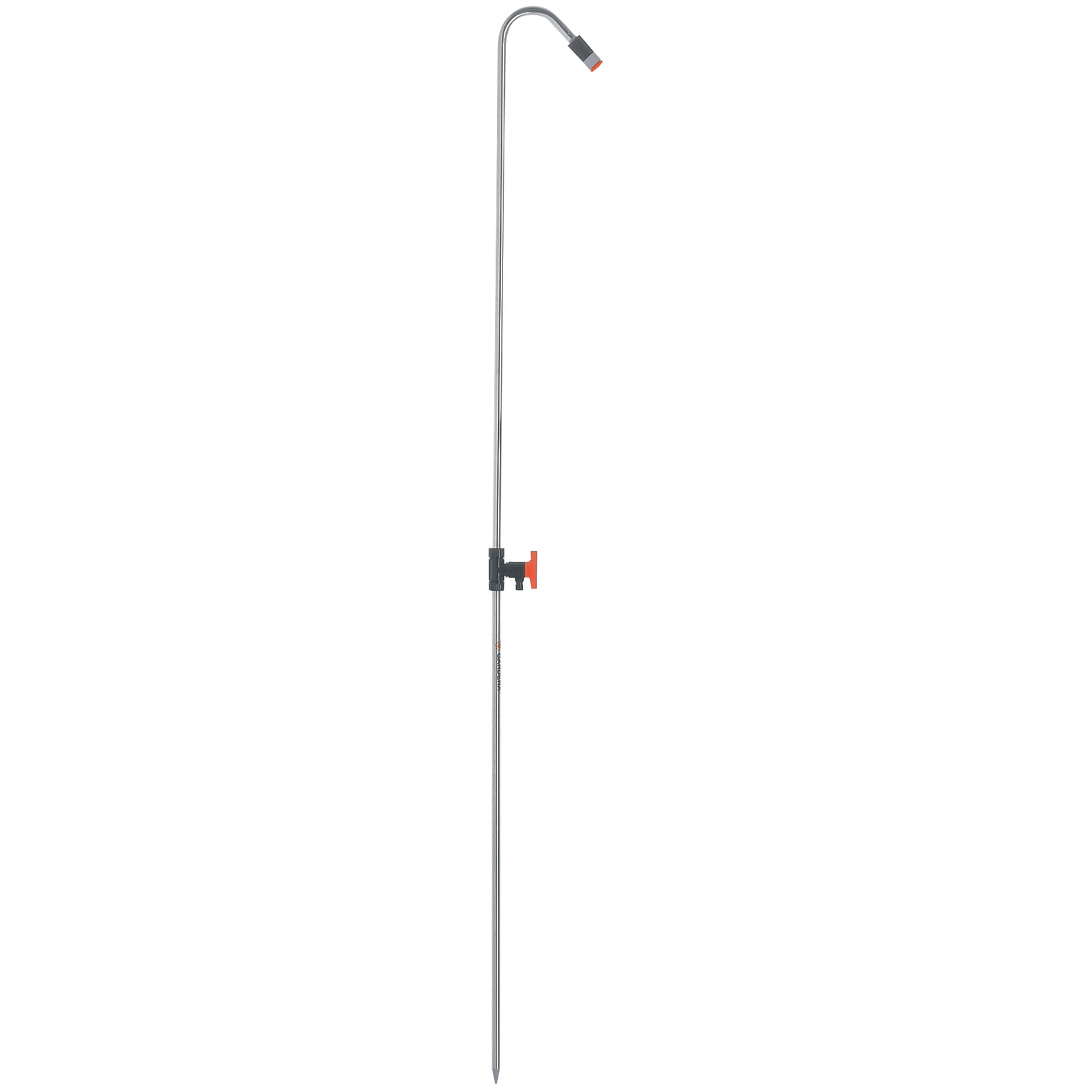 Side view of a Gardena watering spike with adjustable nozzle.