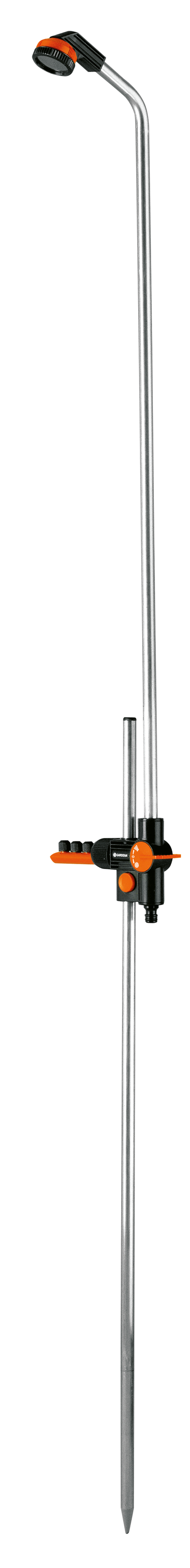 Front view of a Gardena garden shower with adjustable height.