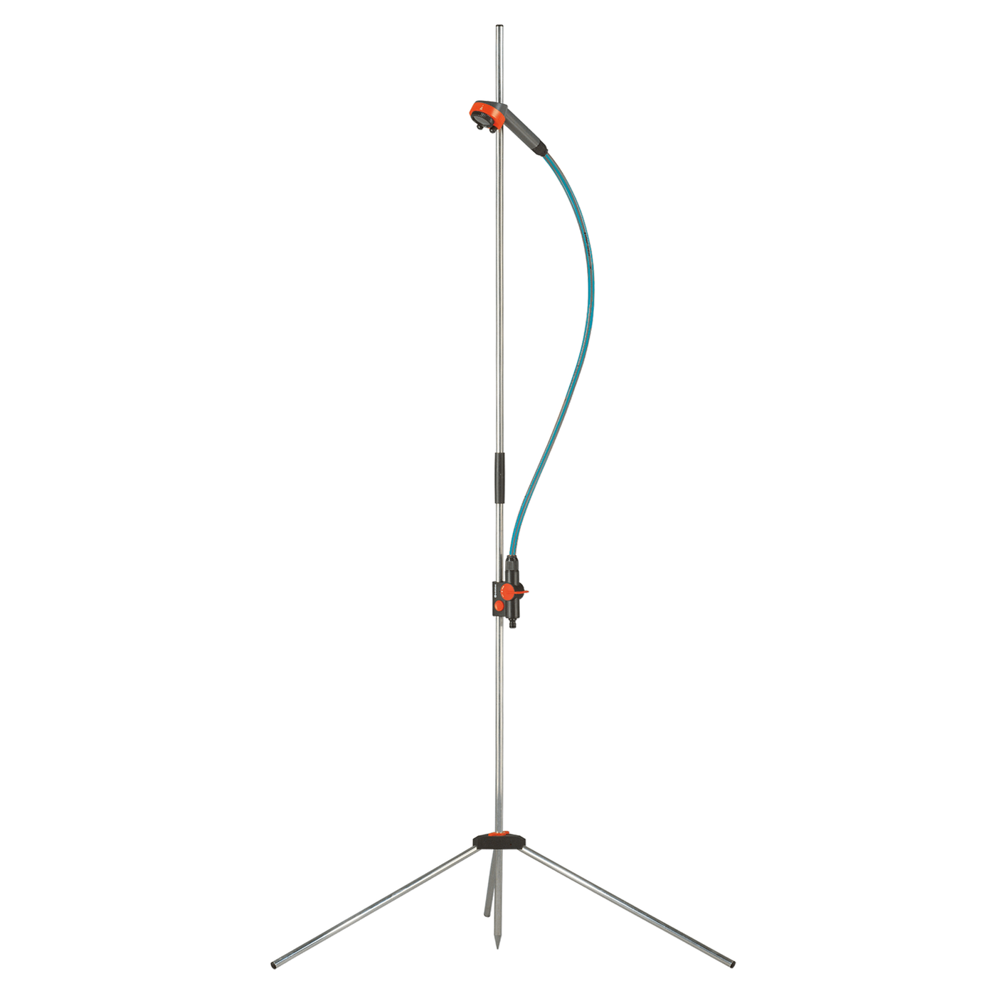 Front view of a Gardena garden sprinkler with a tripod stand.