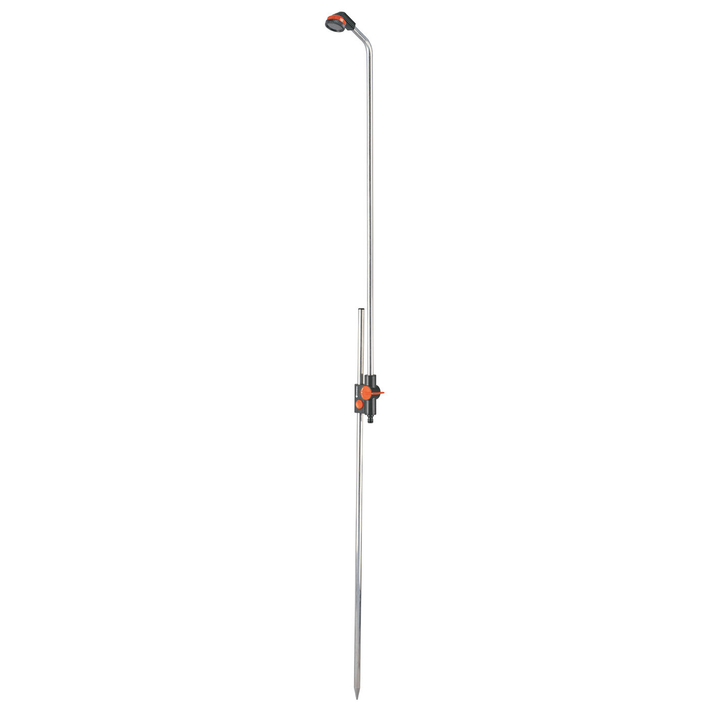 Front view of a Gardena garden shower with adjustable height.