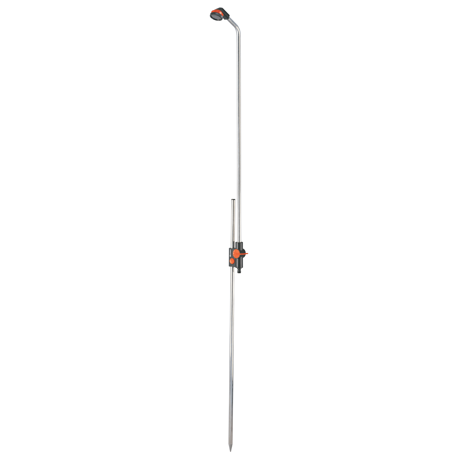 Front view of a Gardena garden shower with adjustable height.