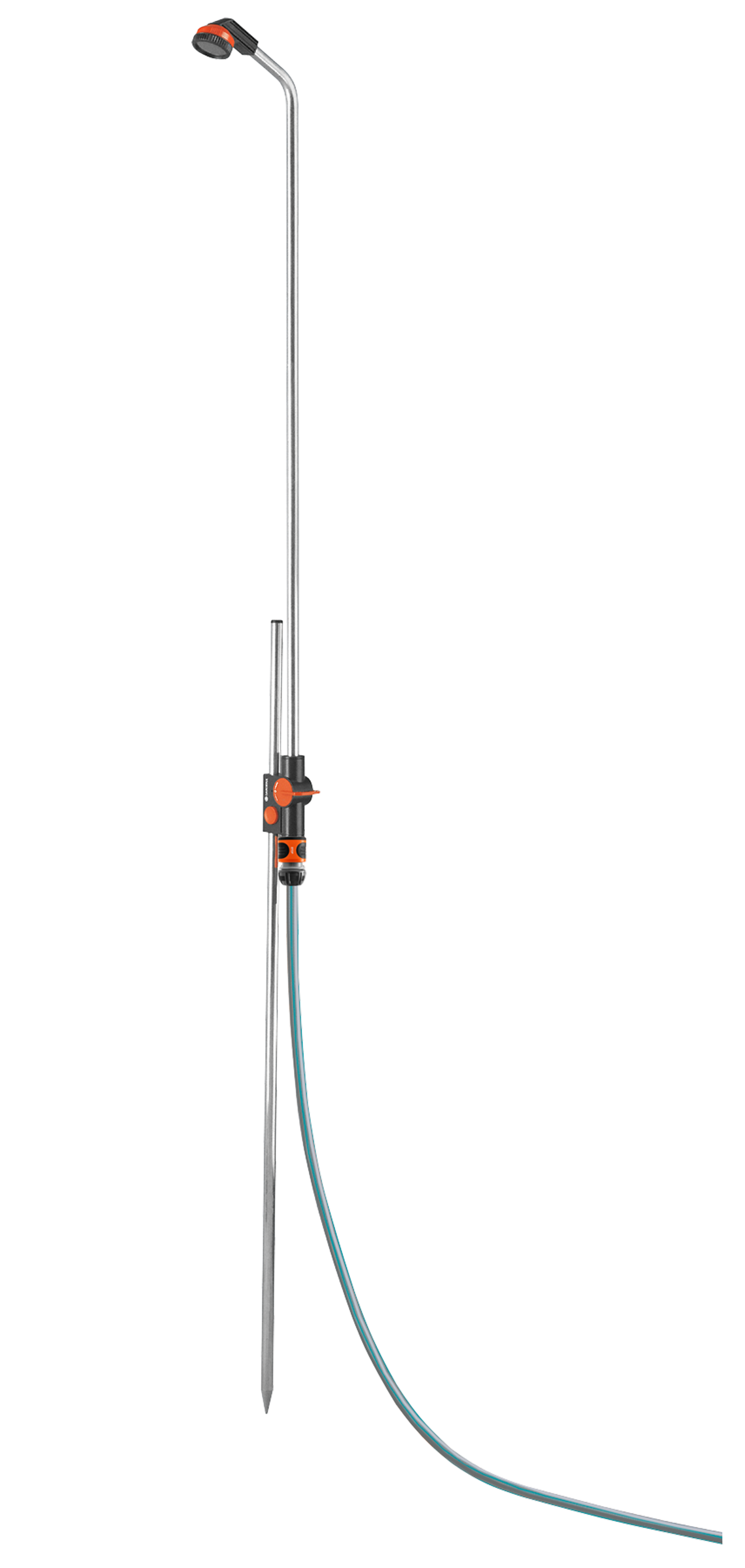 Front view of a Gardena garden shower with a spike for easy ground installation.