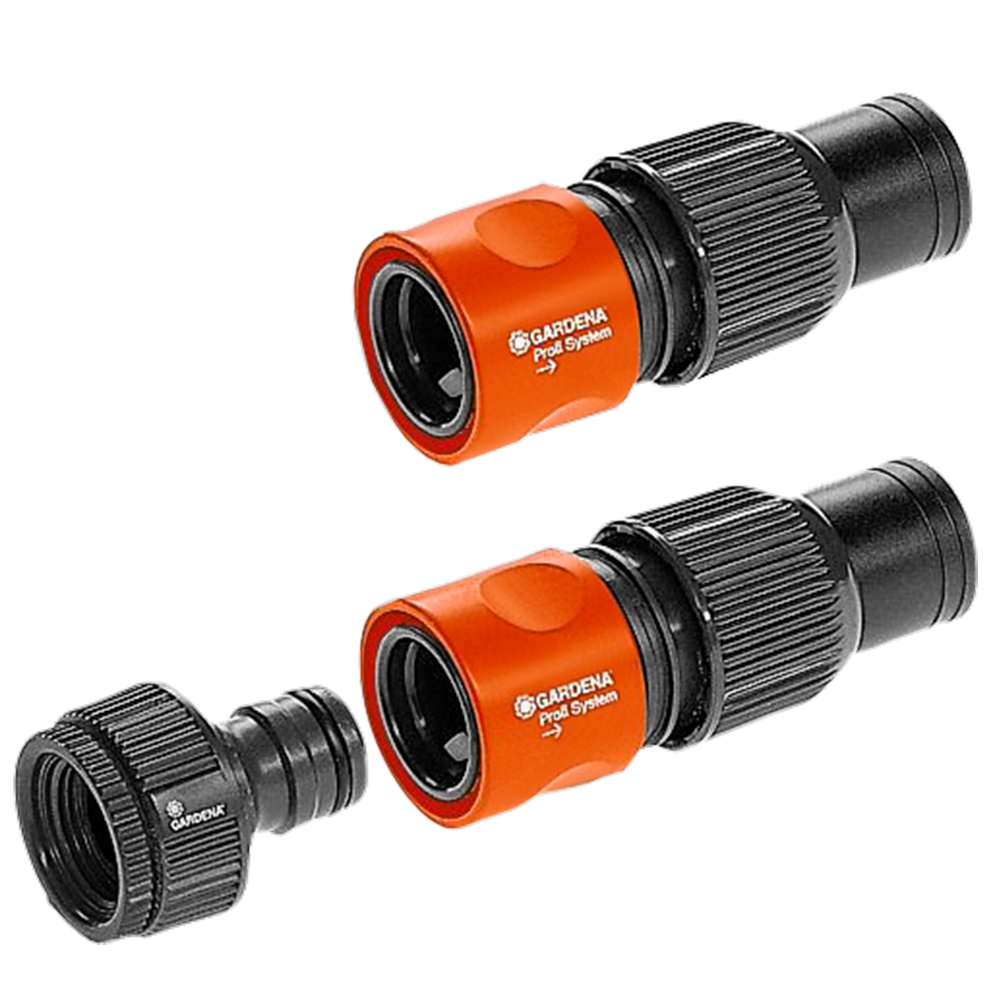Front view of Gardena hose connectors and adapter.