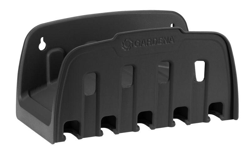 Front view of a Gardena hose holder with multiple slots., Vijverslang bij Vijvercentrum