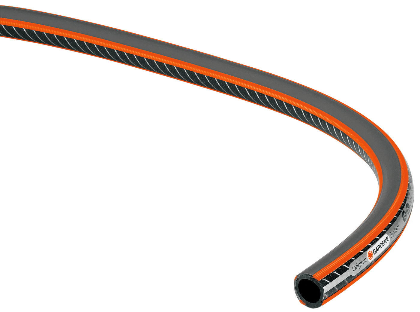 Close-up view of a Gardena garden hose with a reinforced design.