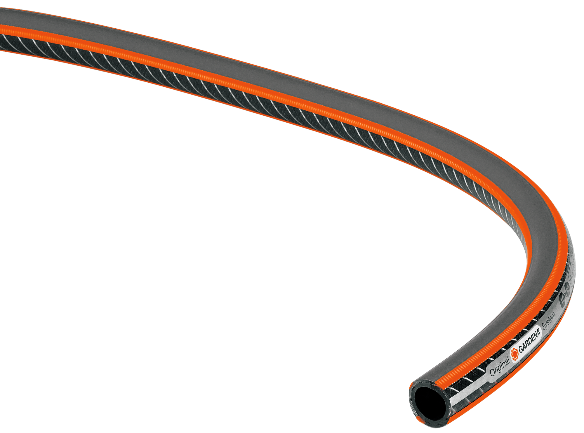 Close-up view of a Gardena garden hose with a reinforced design.
