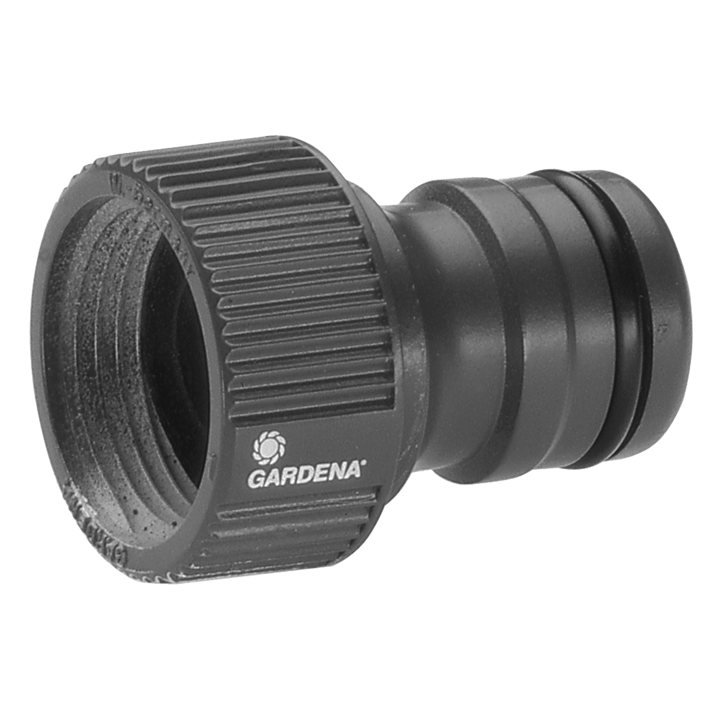 Front view of a Gardena hose connector with visible threading and Gardena branding.