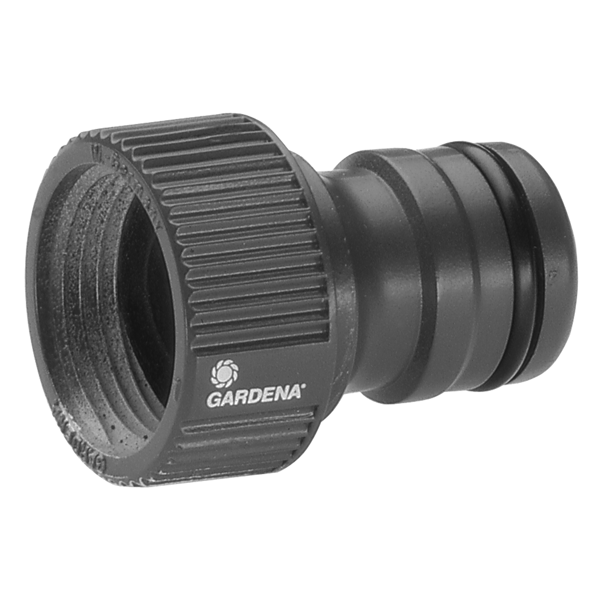 Front view of a Gardena hose connector with visible threading and Gardena branding.