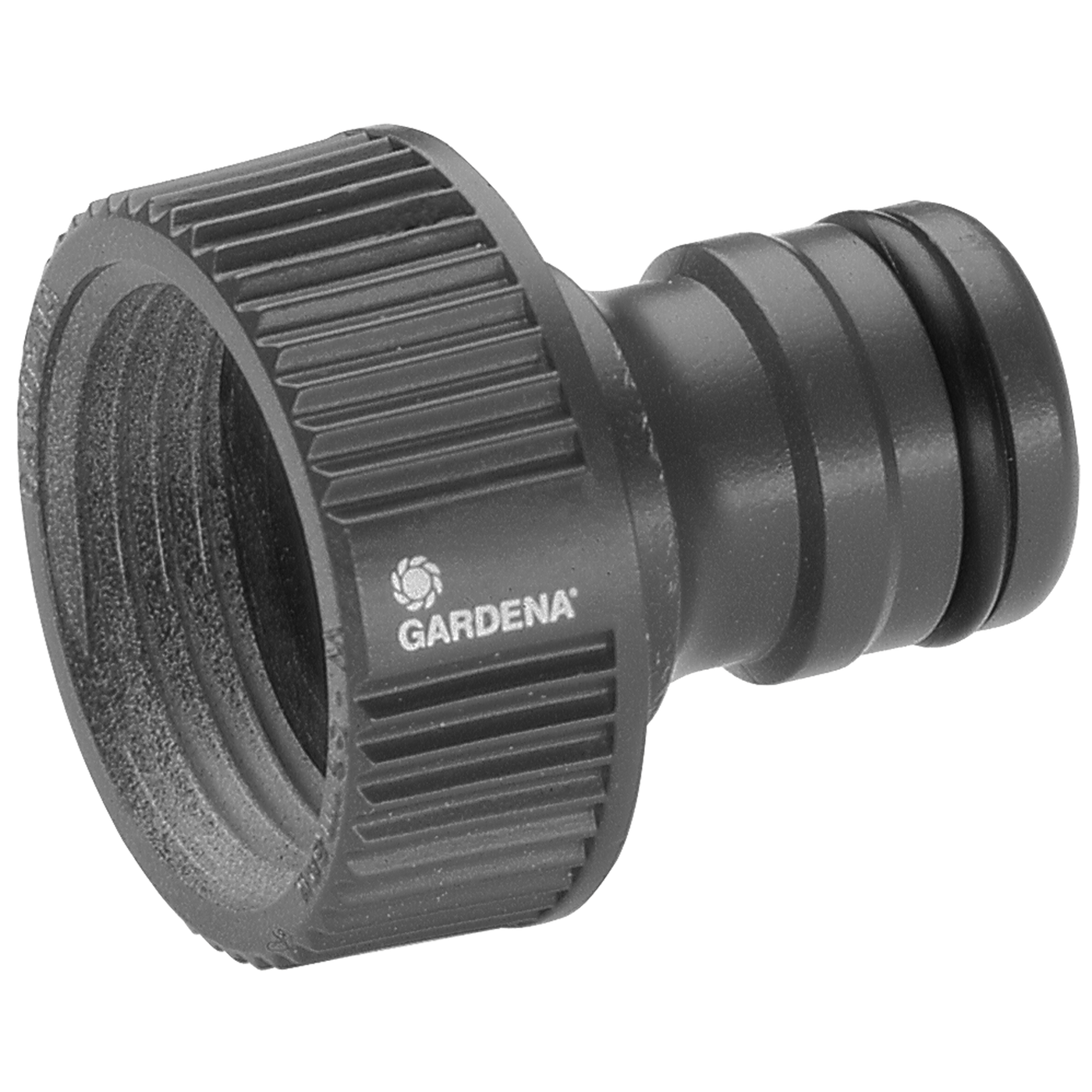 Front view of a Gardena hose connector with ribbed design.