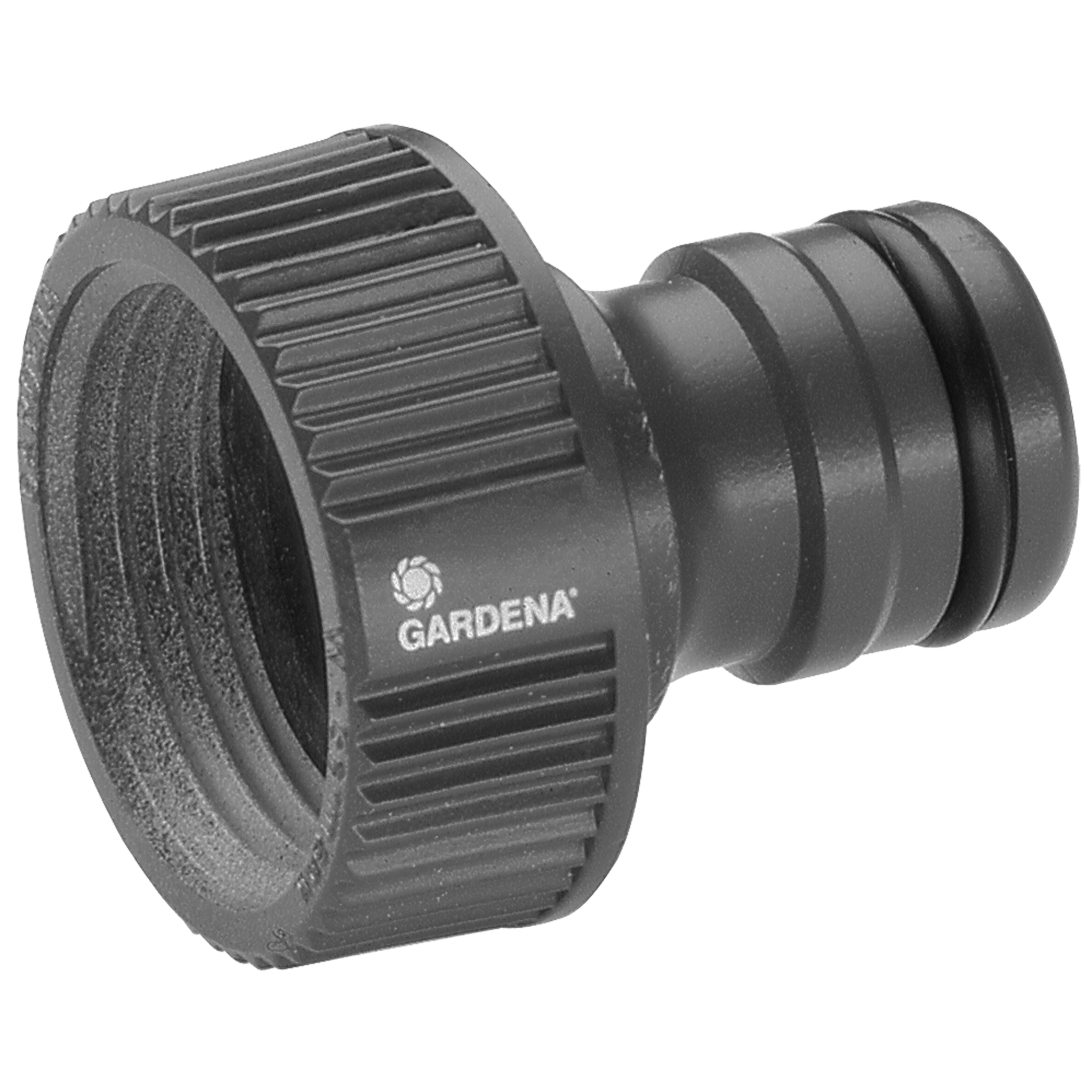 Front view of a Gardena hose connector with ribbed design.