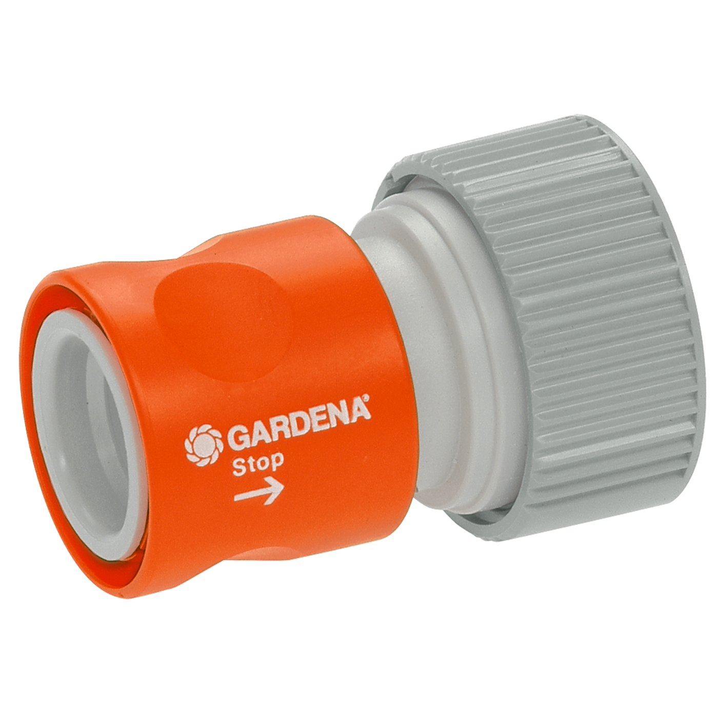 Front view of a Gardena hose connector with a stop function.