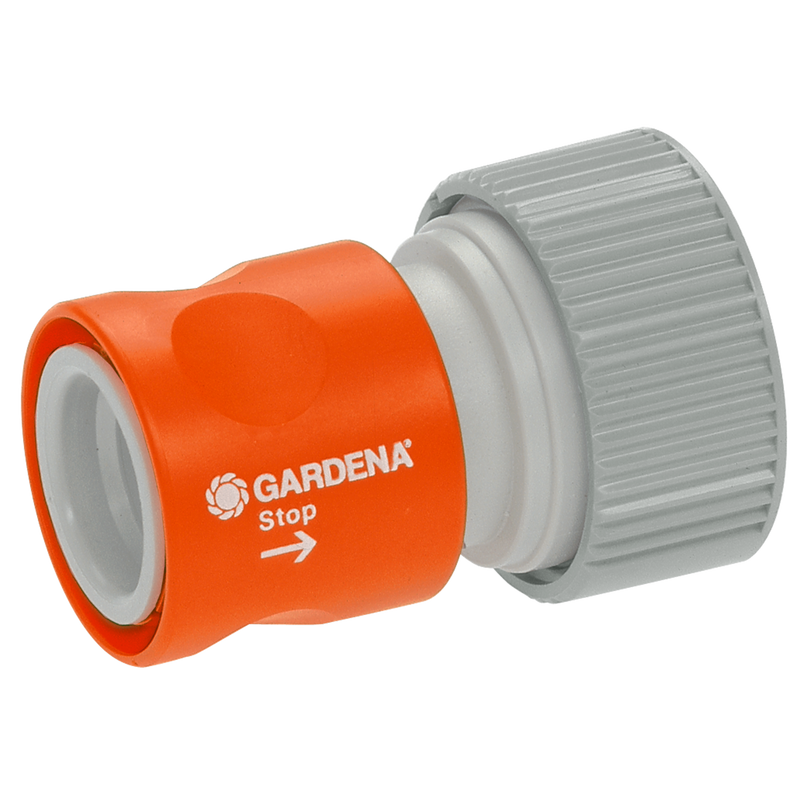 Front view of a Gardena hose connector with a stop function., Slangkoppeling bij Vijvercentrum
