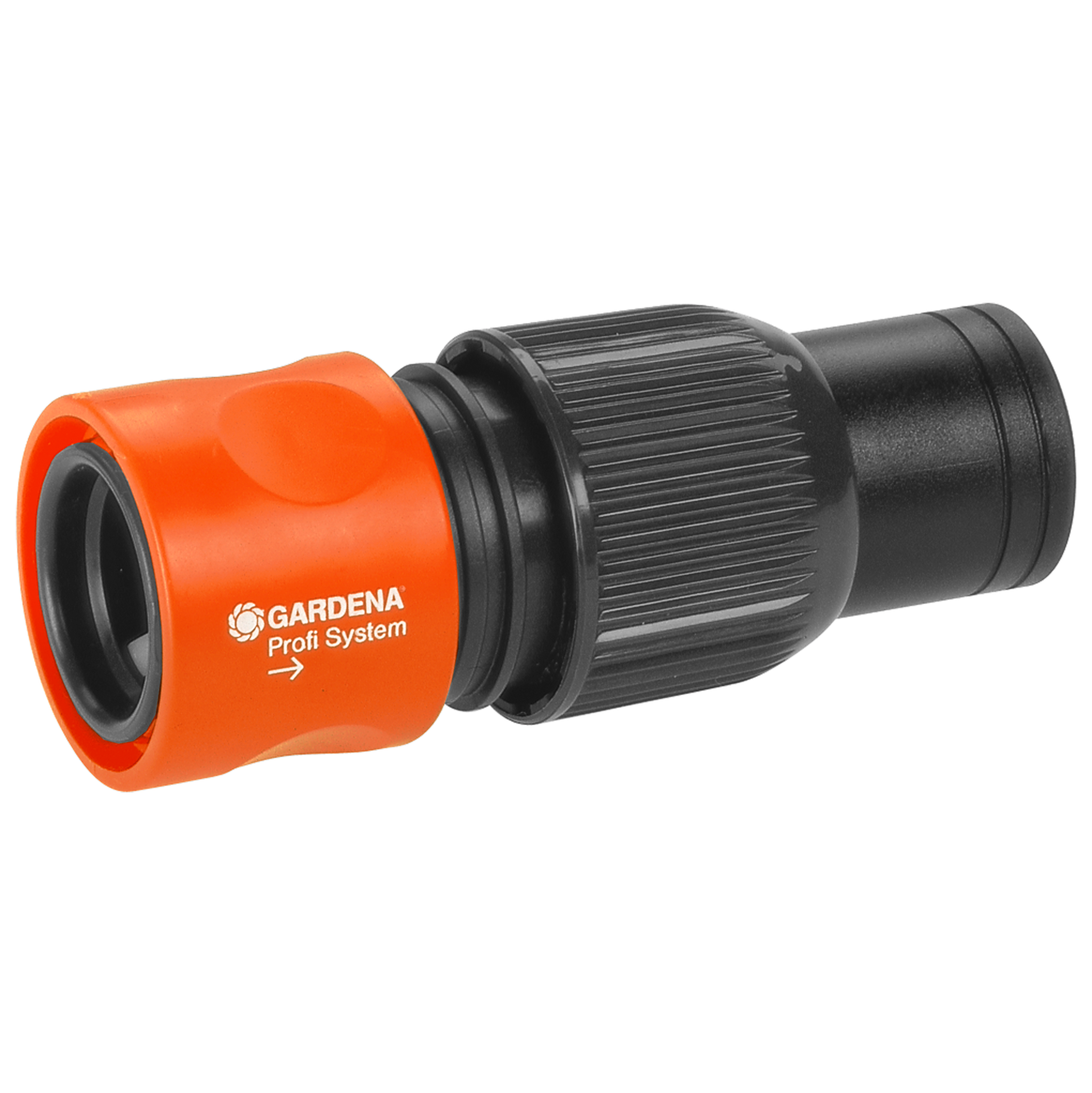 Front view of a Gardena Profi System hose connector.