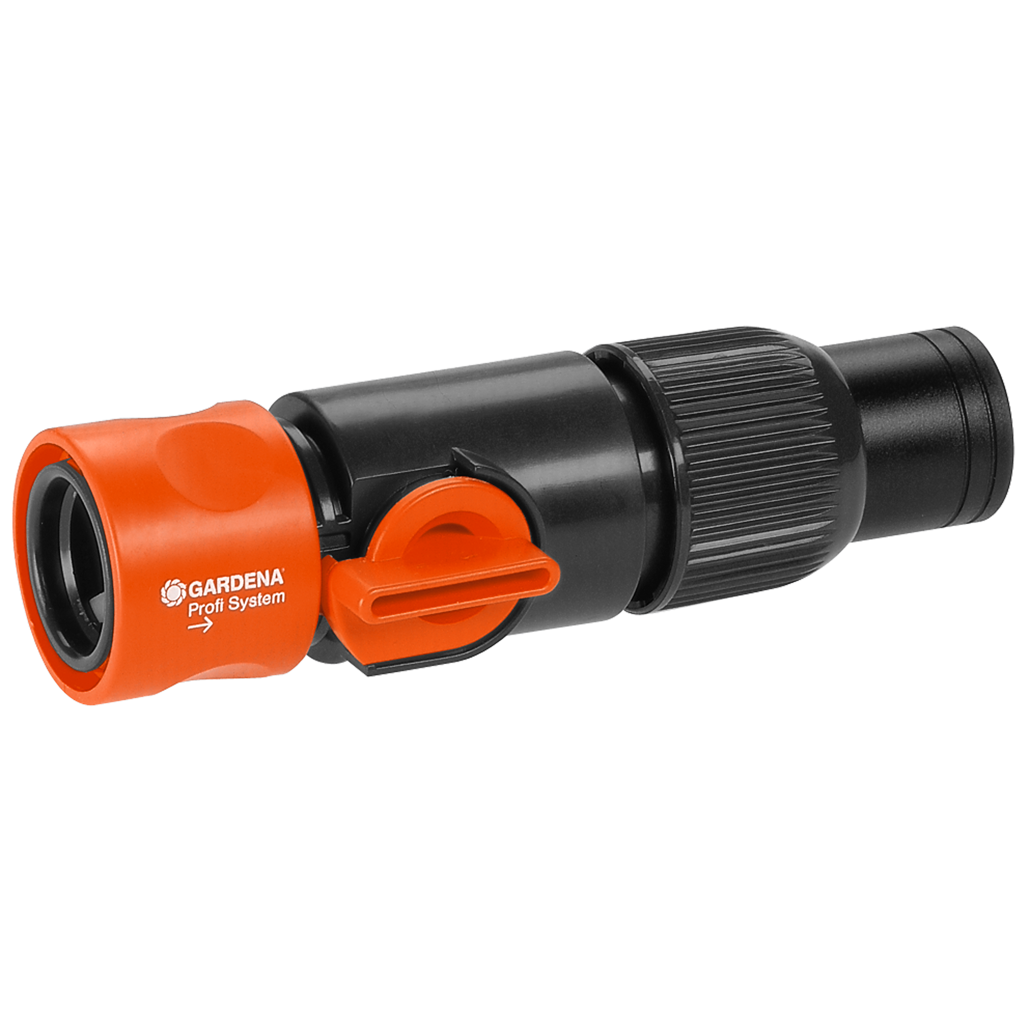 Front view of a Gardena Profi System hose connector.