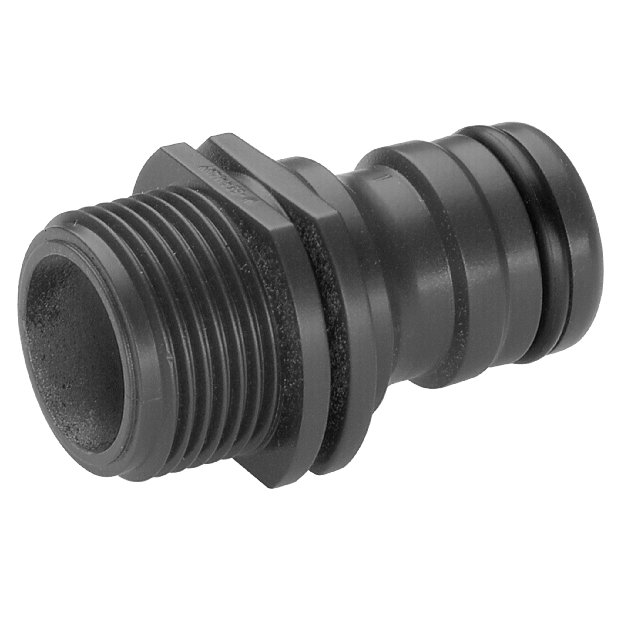 Front view of a Gardena hose connector with threaded end.
