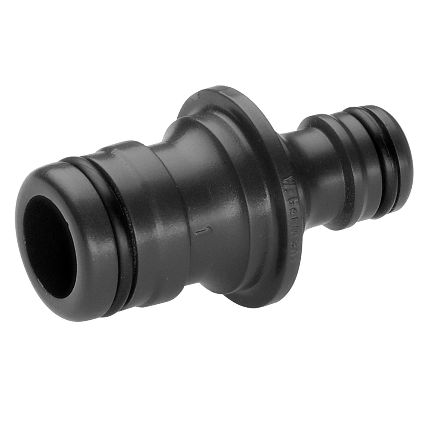 Front view of a hose connector with dual ring seals.